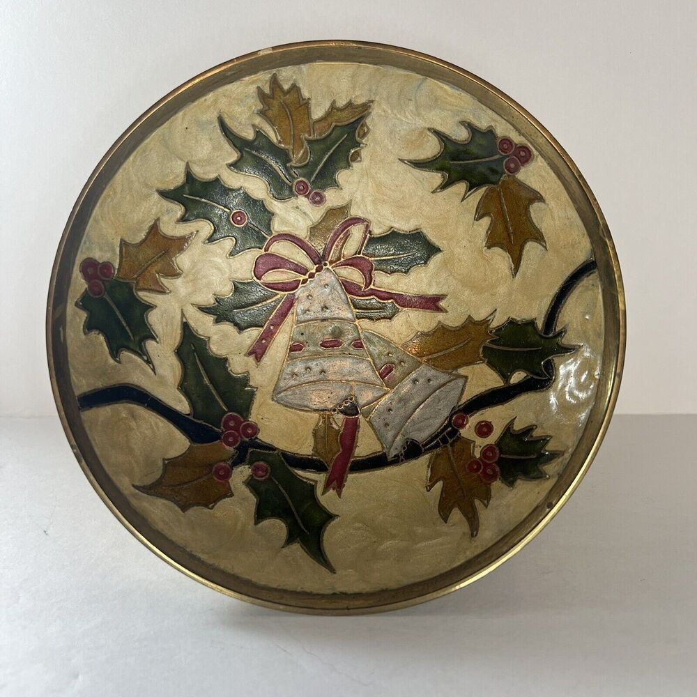 Vintage India Brass Christmas Holly And Bells Pedestal Bowl Hand Painted
